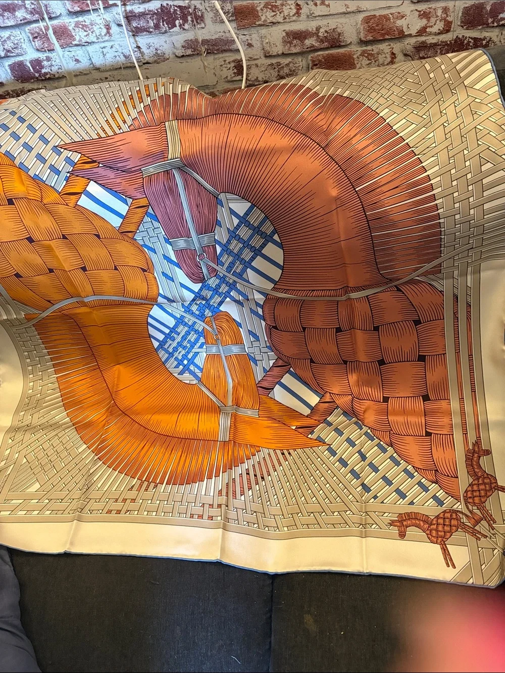 Elegant Orange and Brown Horse-Print Silk Scarf Wrap
